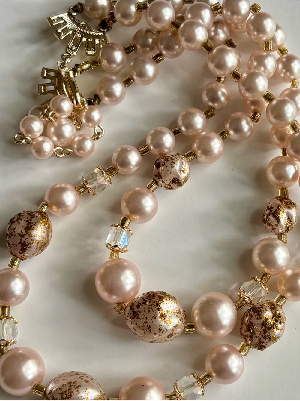 Vintage Japan Double Strand Pearl Gold Fleck Art Glass AB Crystal Bead Necklace